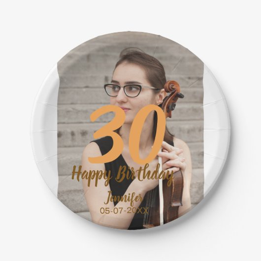 30th birthday add name date year white photo pappteller (Vorderseite)