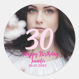30th birthday add name date year white photo runder aufkleber