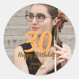 30th birthday add name date year white photo runder aufkleber