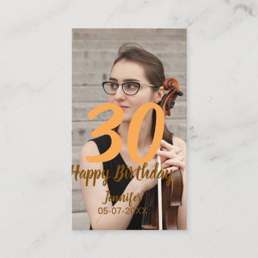 30th birthday add name date year white photo visitenkarte (Vorderseite)