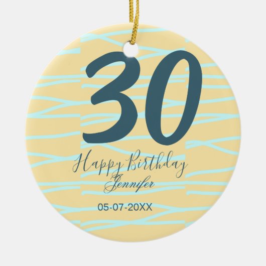 30th birthday add name date year yellow blue paste keramik ornament (Vorne)