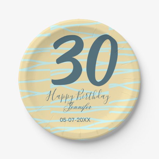30th birthday add name date year yellow blue paste pappteller (Vorderseite)