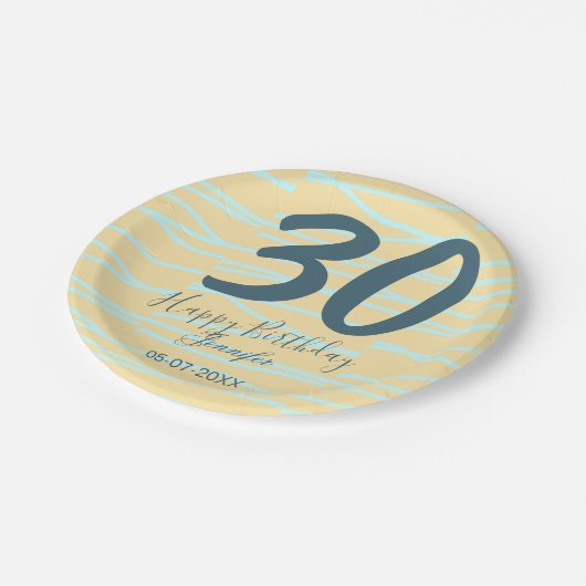 30th birthday add name date year yellow blue paste pappteller (Schrägansicht)