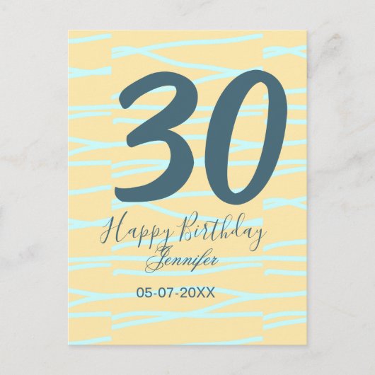 30th birthday add name date year yellow blue paste postkarte (Vorderseite)