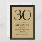 30th Birthday Adult Black and Gold Modern Minimal  Einladung (Vorderseite)