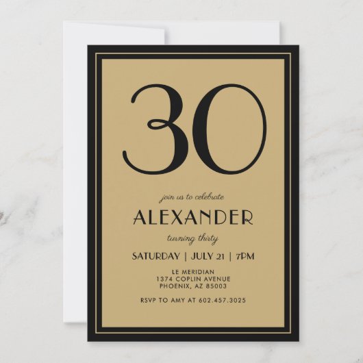 30th Birthday Adult Black and Gold Modern Minimal  Einladung (Vorderseite)