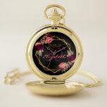 30th birthday black gold florals geometric taschenuhr<br><div class="desc">A gift or keepsake for a 30th birthday. A chic black background with a faux gold geometric frame. Decorated with dark purple and burgundy flowers, roses and boho style feathers. Templates for a name, age and a date. Date of birth or the date of the party. The name is written...</div>