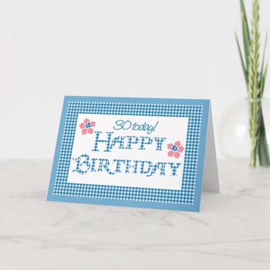 30th Birthday, Blue Check Gingham Pattern Karte (Vorderseite)