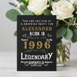 30th Birthday Born 1996 Black Gold Retro Vintage Einladung<br><div class="desc">For those born in 1996 and celebrating their 30th birthday we have the ideal birthday party invitation with a vintage feel. The black background with a white and gold vintage typography design design is simple and yet elegant with a retro feel. Easily customize the text of this birthday gift using...</div>