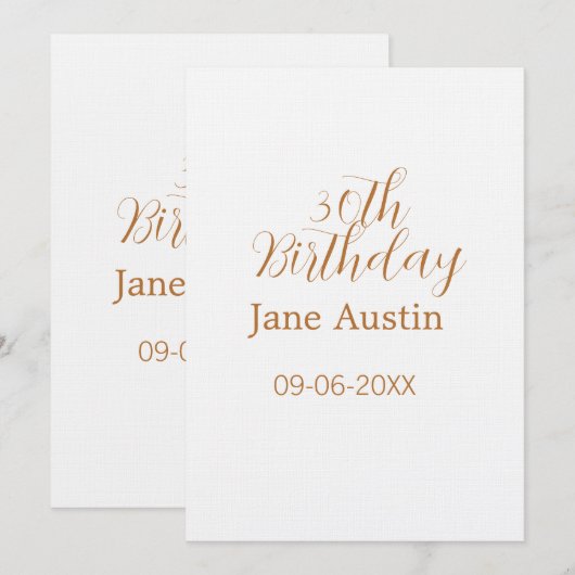 30th birthday copper brown simple stylish name dat einladung (Vorne/Hinten)