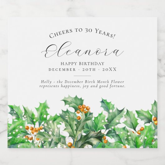 30th Birthday December Birth Flower Holly Schaumweinetikett (Einzelnes Label)