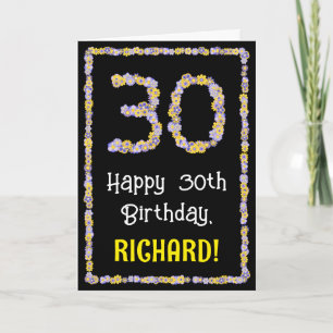 30th Birthday: Floral Flowers Number, Custom Name Karte