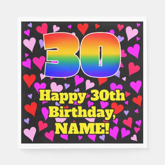 30th Birthday: Loving Hearts Pattern, Rainbow # 30 Serviette (Vorderseite)