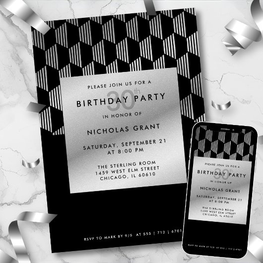 30th Birthday Modern Black Faux Silver Foil Einladung