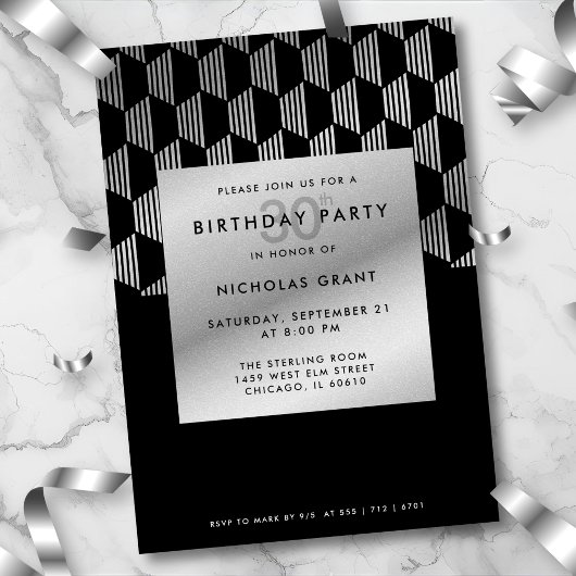 30th Birthday Modern Black Faux Silver Foil Einladung
