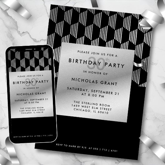 30th Birthday Modern Black Faux Silver Foil Einladung