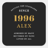 30th Birthday Name 1996 Black Gold Elegant Chic Quadratischer Aufkleber (Vorderseite)