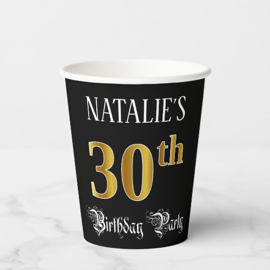 30th Birthday Party — Fancy Script, Faux Gold Look Pappbecher (Rückseite)