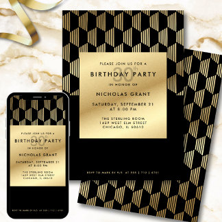 30th Birthday Party Modern Black and Gold Foil Einladung