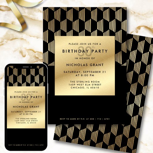 30th Birthday Party Modern Black and Gold Foil Einladung