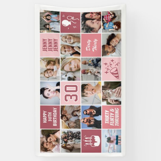30th Birthday Photo Collage Custom Coral Pink Banner (Vertikal)