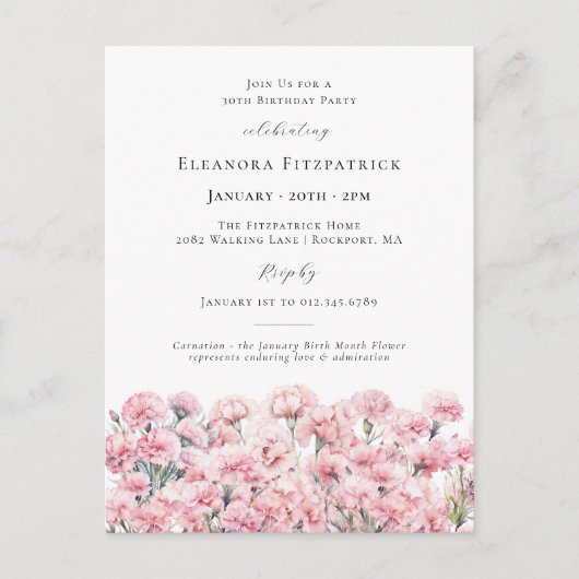 30th Birthday Pink Carnation January Birth Flower Einladungspostkarte (Vorderseite)