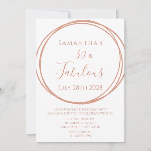 30th Birthday Rose Gold Minimal Birthday Einladung (Vorderseite)