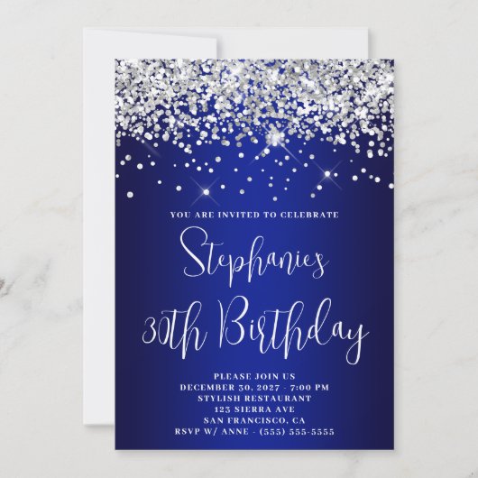 30th Birthday Silver Glitter Royal Blue Navy Ombre Einladung (Vorderseite)