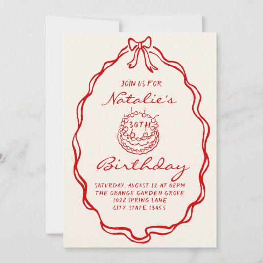 30th Bow Hand Drawn Coquette Illustriert Geburtsta Einladung (Vorderseite)