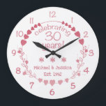 30th Wedding Anniversary Hearts Große Wanduhr<br><div class="desc">Celebrate a milestone wedding anniversary with this gorgeous and elegant wall clock with a design featuring a wreath with red and pink hearts.</div>