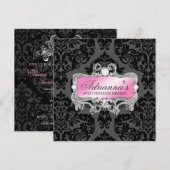 311 bezaubernde rosa graue Damast-Diamanten Einladung (Vorne/Hinten)