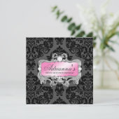 311 bezaubernde rosa graue Damast-Diamanten Einladung (Stehend Vorderseite)