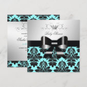 311-BlackBerry Blue Damask Black Bow| Babydusche Einladung (Vorne/Hinten)