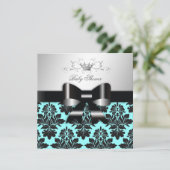 311-BlackBerry Blue Damask Black Bow| Babydusche Einladung (Stehend Vorderseite)