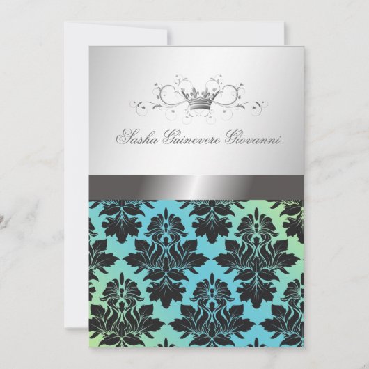 311-BlackBerry Damask Ribbon Türkis Limon Einladung (Vorderseite)