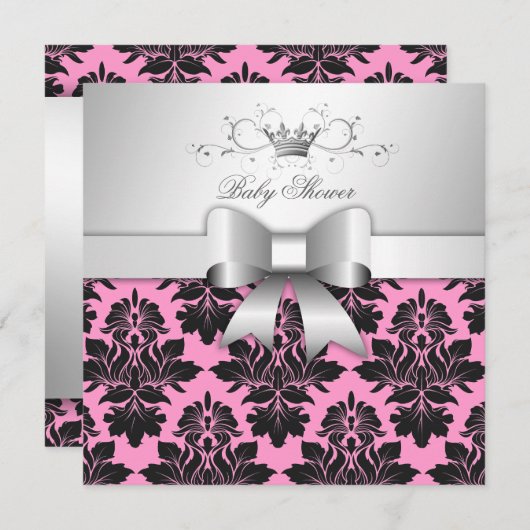 311-BlackBerry Sweet Pink Damask Bow| Babydusche Einladung (Vorne/Hinten)