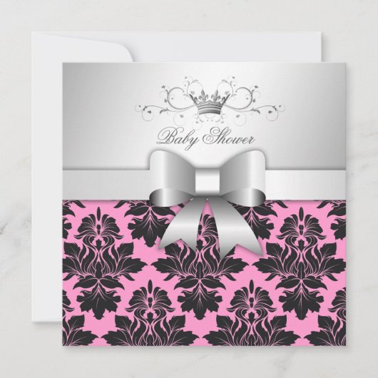 311-BlackBerry Sweet Pink Damask Bow| Babydusche Einladung (Vorderseite)