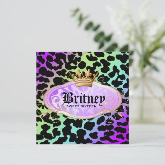 311 Bodacious Leopard Damask Amethyst Rainbow Einladung (Stehend Vorderseite)