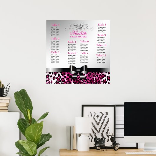 311 Bowlicious Hot Pink Leopard Seating Chart Poster (Heimbüro)
