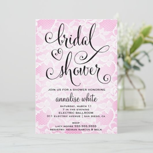 311 Brautparty-rosa Spitze-Duschen-Einladung Einladung (Stehend Vorderseite)