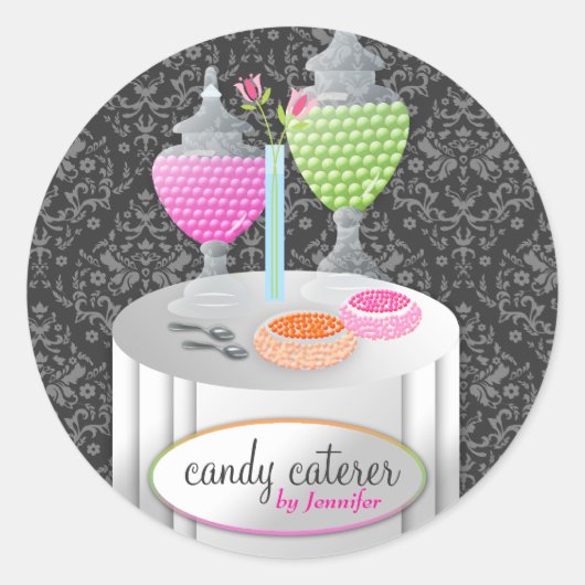 311-Candy Caterer | Grau Damask Runder Aufkleber (Vorderseite)