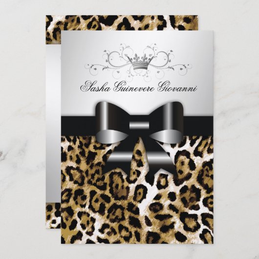 311 Chic Brown Leopard Bow 12x18| Silbermetall Einladung (Vorne/Hinten)