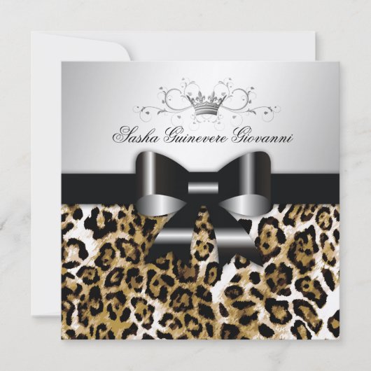 311 Chic Brown Leopard Bow  | Metallisches Gold Einladung (Vorderseite)
