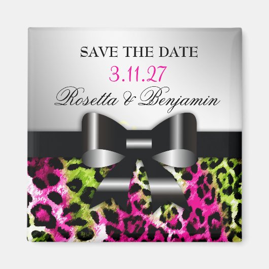 311 Chic Hot Pink Limon Leopard Bow Save the Date Magnet (Vorne)