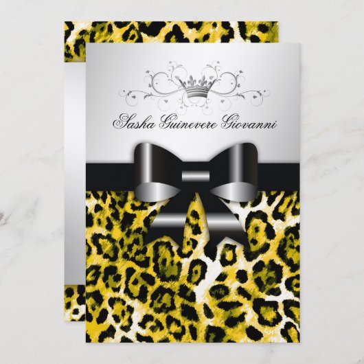 311 Chic Yellow Leopard Bow Metallic Silve Einladung (Vorne/Hinten)