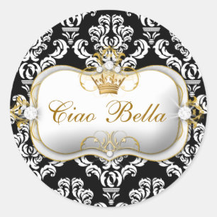311 Ciao Bella Elegant Damask Schwarz-weiß Runder Aufkleber