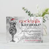 311 Cocktails & Karaoke Red Damask Einladung (Stehend Vorderseite)