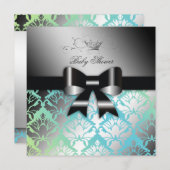 311-Damask Shimmer Black Bow Turq Limon Babydusche Einladung (Vorne/Hinten)