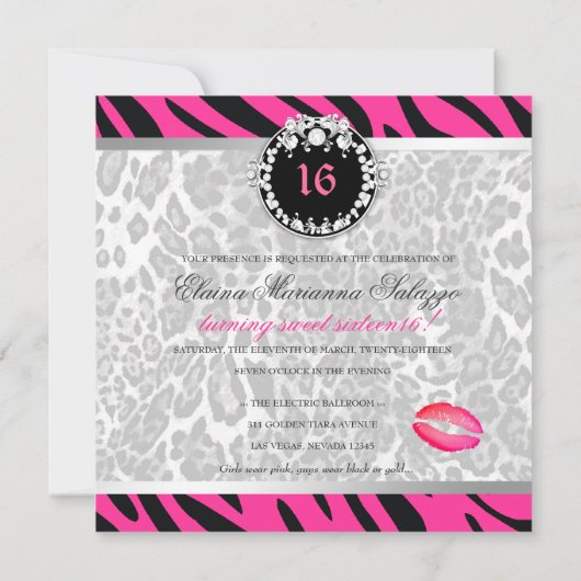 311 Diamanten Zebra-Löwen Tique n küsst Bonbon 16 Einladung (Rückseite)
