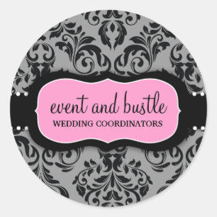 311-Event & Bustle   Karkohle Rosa Damask Runder Aufkleber